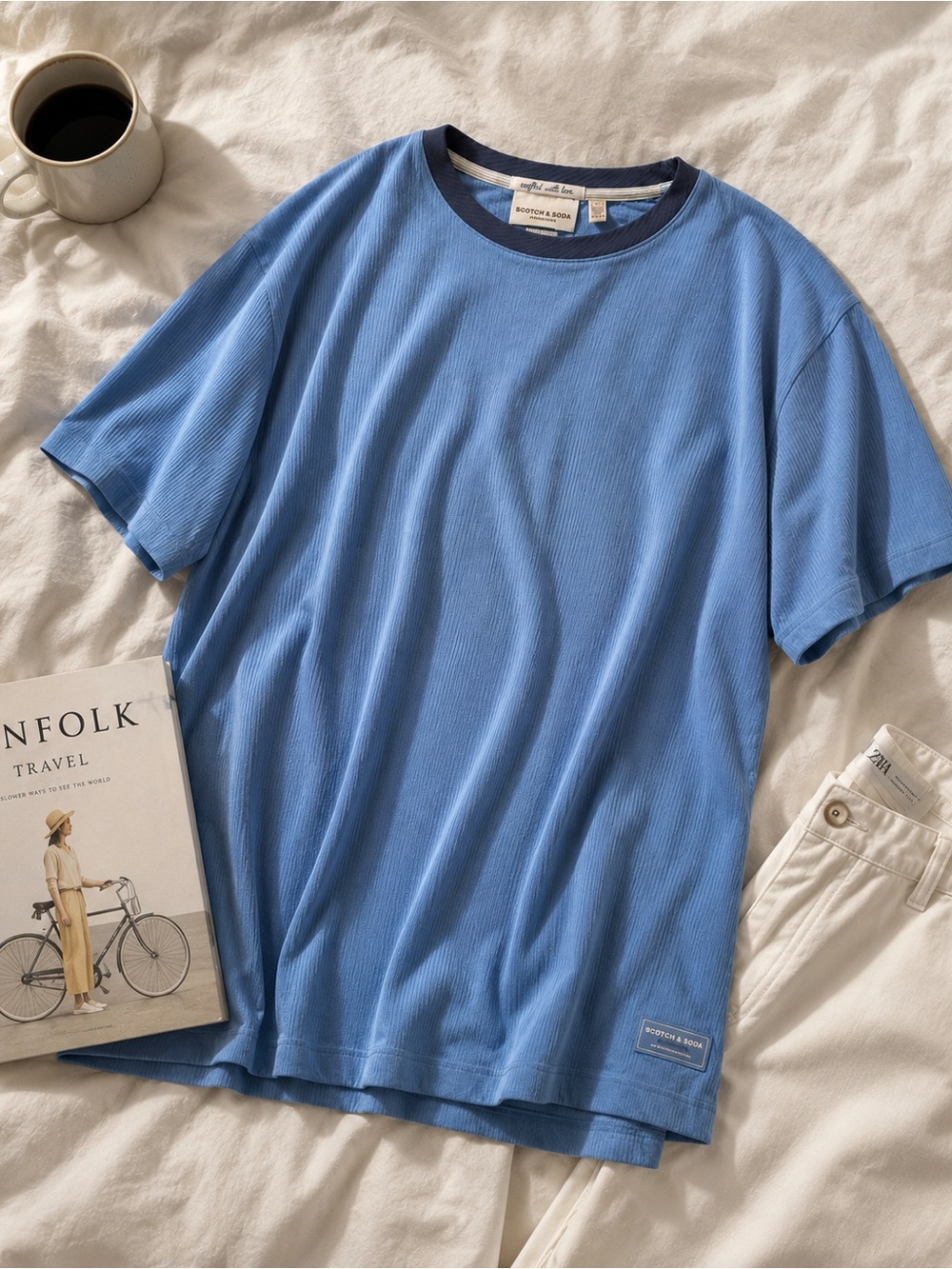 Scotch & Soda Sky Blue Ribbed Tee with Navy Neck